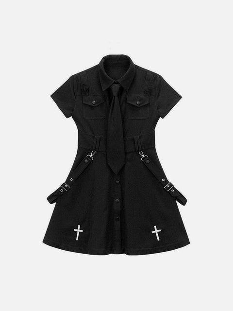 Dark Punk Cross Embroidery Tie Ribbons Dress - Anagoc