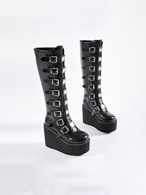 High-top Metal Button PU Thick High-heel Martin Boots - Anagoc