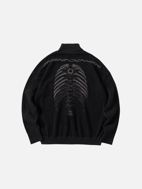 Dark Mechanical Skeleton Print Knitted Sweater - Anagoc