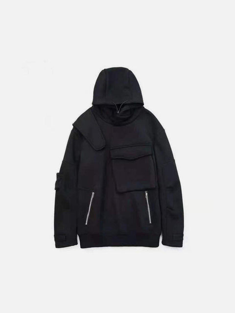 Dark Fake Zipper Pockets Hoodie - Anagoc