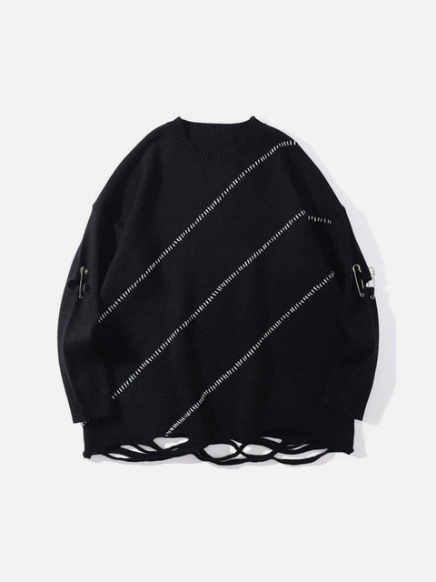 Dark Pin Striped Embroidery Knitted Sweater - Anagoc