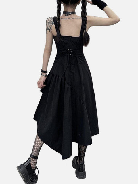 Dark Irregular Drawstring Waist Slip Dress - Anagoc