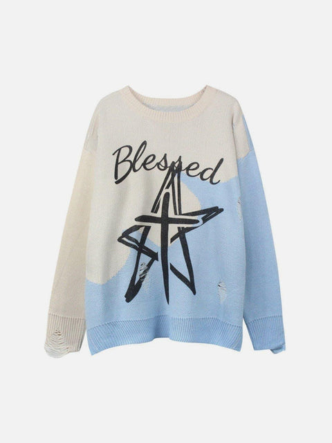 Dark Ripped Patchwork Five-pointed Star Print Sweater - Anagoc