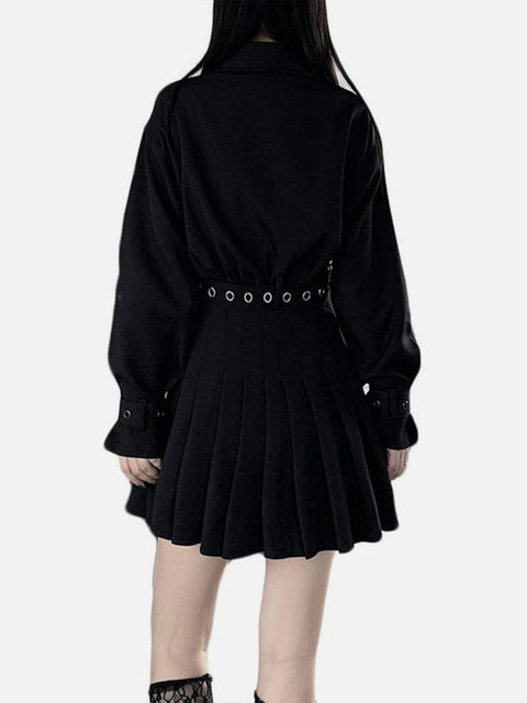 Dark Techwear Belt Pleated Shirt Dress - Anagoc