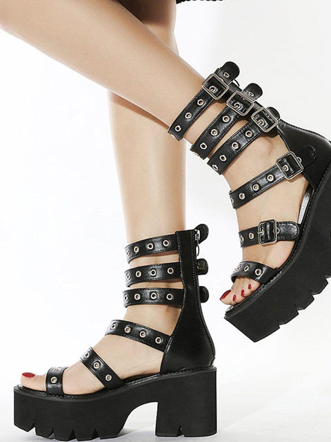 Punk Roman Rivet Hole Platform Sandals - Anagoc