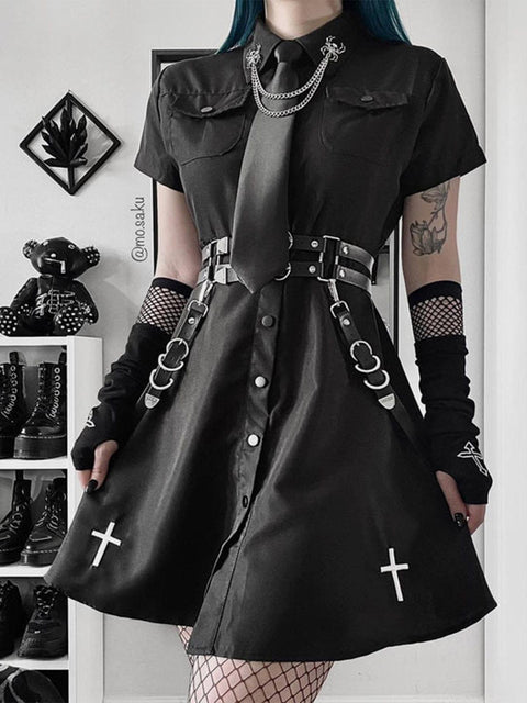 Dark Punk Cross Embroidery Tie Ribbons Dress - Anagoc