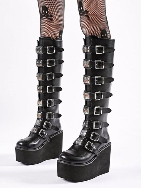 High-top Metal Button PU Thick High-heel Martin Boots - Anagoc