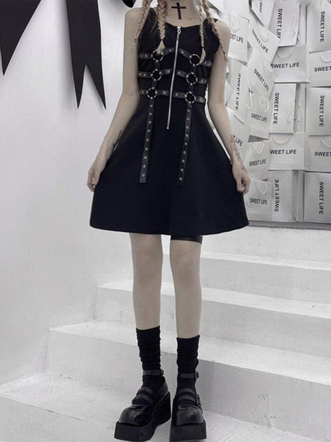 Dark Rock Patchwork Straps Dress - Anagoc