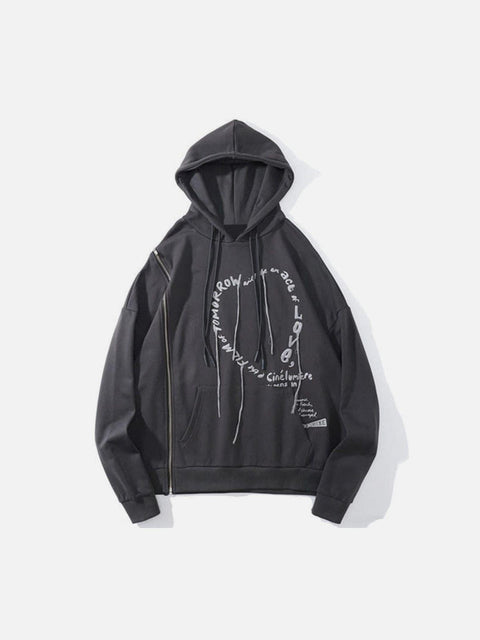 Side Zipper Embroidered Alphabet Tassels Oversized Hoodie - Anagoc