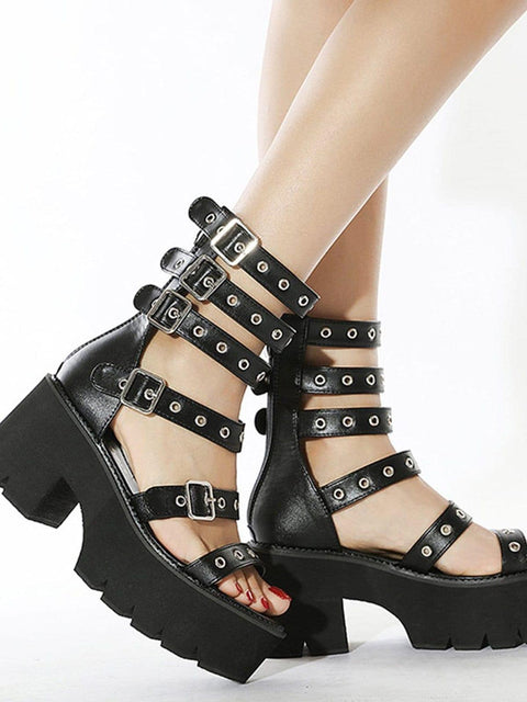 Punk Roman Rivet Hole Platform Sandals - Anagoc