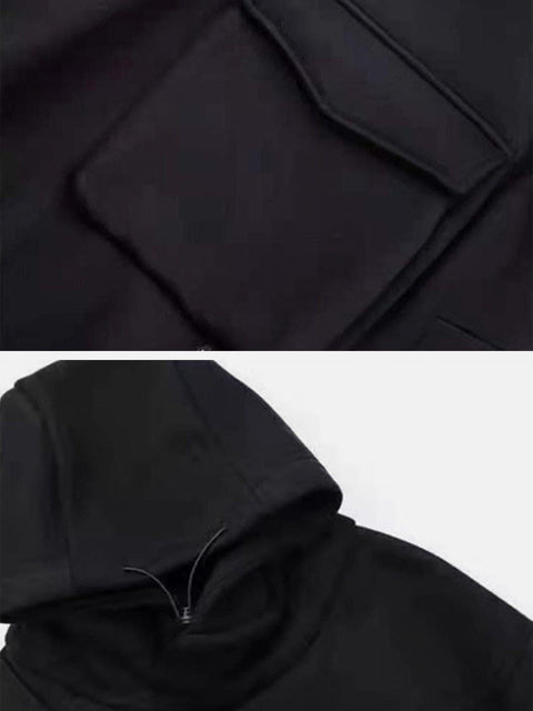 Dark Fake Zipper Pockets Hoodie - Anagoc