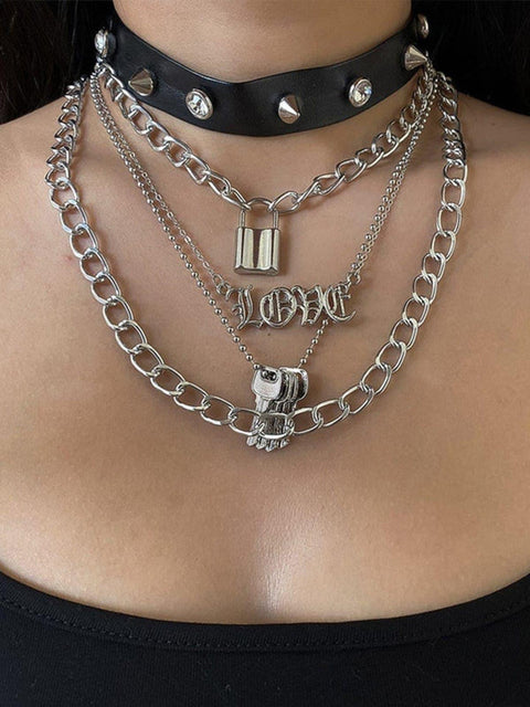 Punk PU Lock Shape Key Multiple Necklace - Anagoc