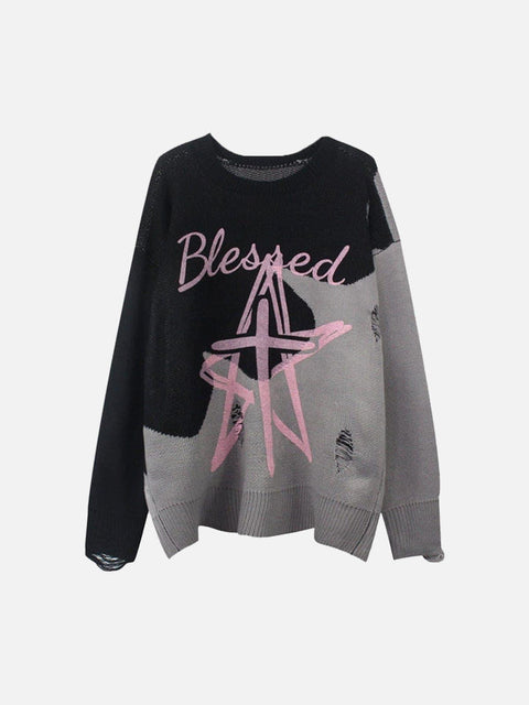 Dark Ripped Patchwork Five-pointed Star Print Sweater - Anagoc