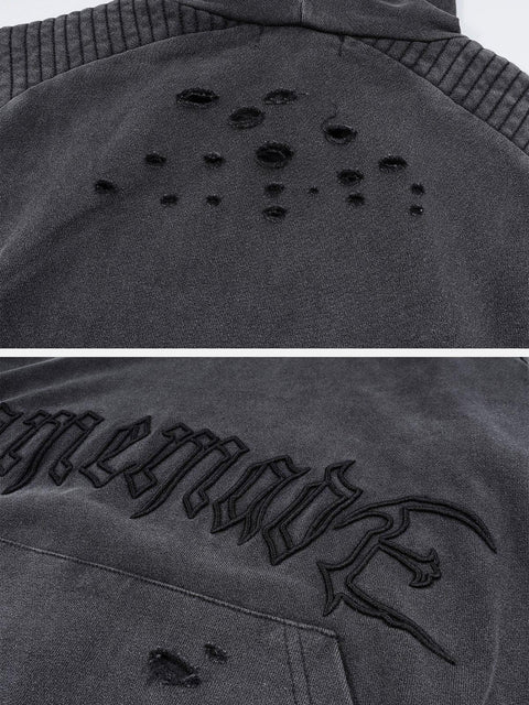 Washed Cut Embroidery Letters Hoodie - Anagoc