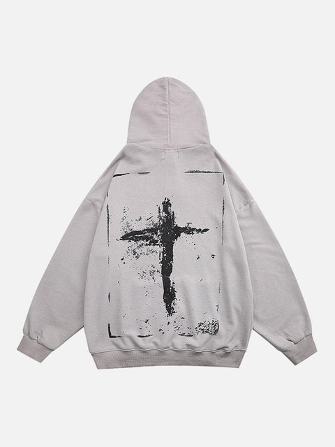 Washed Graffiti Cross Pattern Hoodie - Anagoc