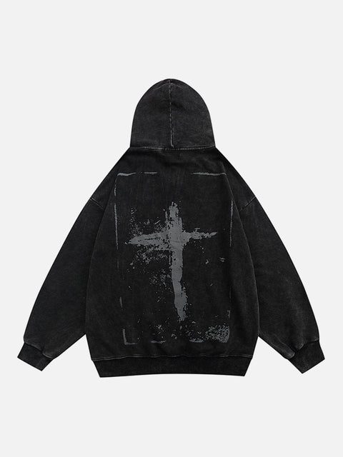 Washed Graffiti Cross Pattern Hoodie - Anagoc