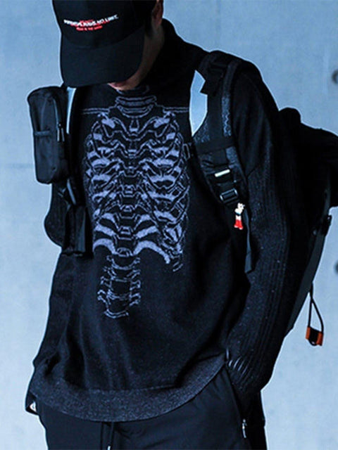 Dark Mechanical Skeleton Print Knitted Sweater - Anagoc