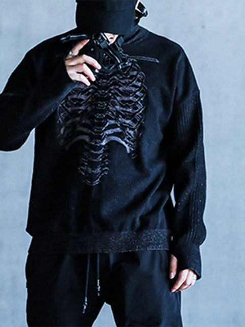 Dark Mechanical Skeleton Print Knitted Sweater - Anagoc