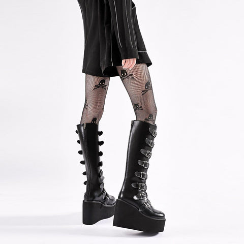 High-top Metal Button PU Thick High-heel Martin Boots - Anagoc