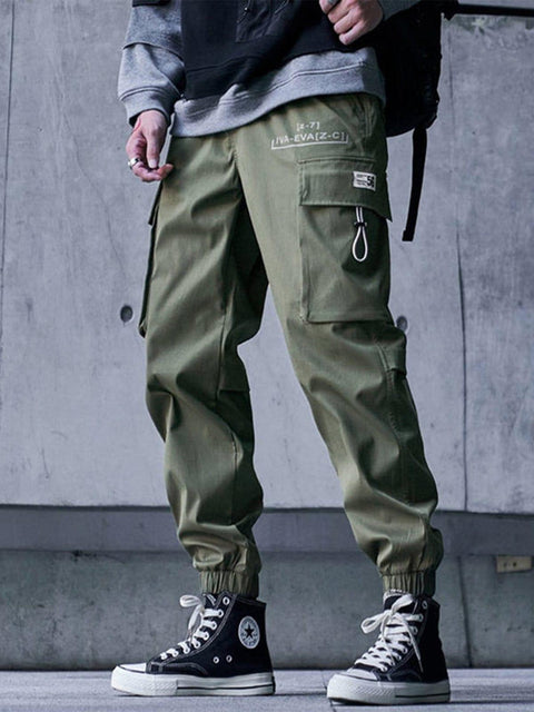 Techwear Drawstring Pocket Print Thick Fleece Cargo Pants - Anagoc