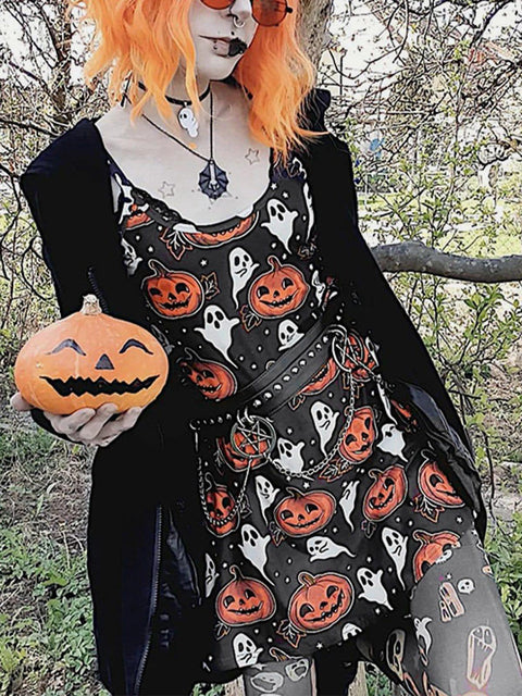 Pumpkin Ghost Print Dress - Anagoc