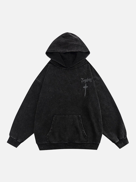 Washed Graffiti Cross Pattern Hoodie - Anagoc