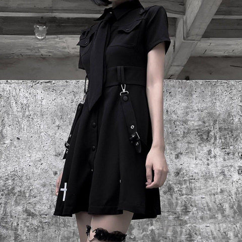 Dark Punk Cross Embroidery Tie Ribbons Dress - Anagoc