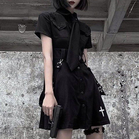 Dark Punk Cross Embroidery Tie Ribbons Dress - Anagoc