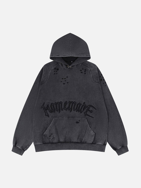 Washed Cut Embroidery Letters Hoodie - Anagoc