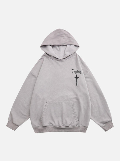 Washed Graffiti Cross Pattern Hoodie - Anagoc