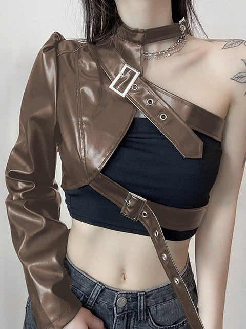 Metal Adjustment Buckle One Shoulder PU Cropped Coat - Anagoc